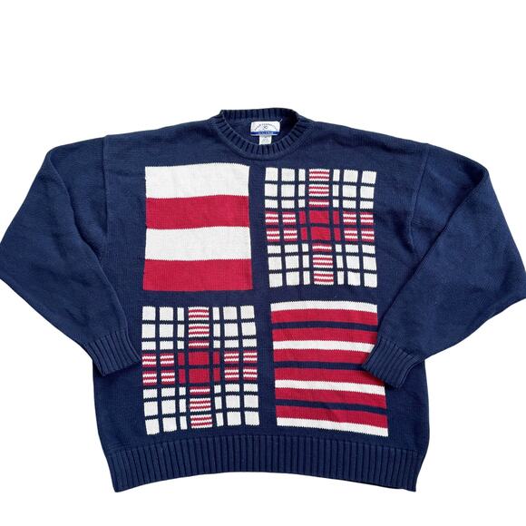 Vtg 90s Jos. A. Bank David Leadbetter Red White Blue Cotton Knit Golf Sweater M - Picture 1 of 7